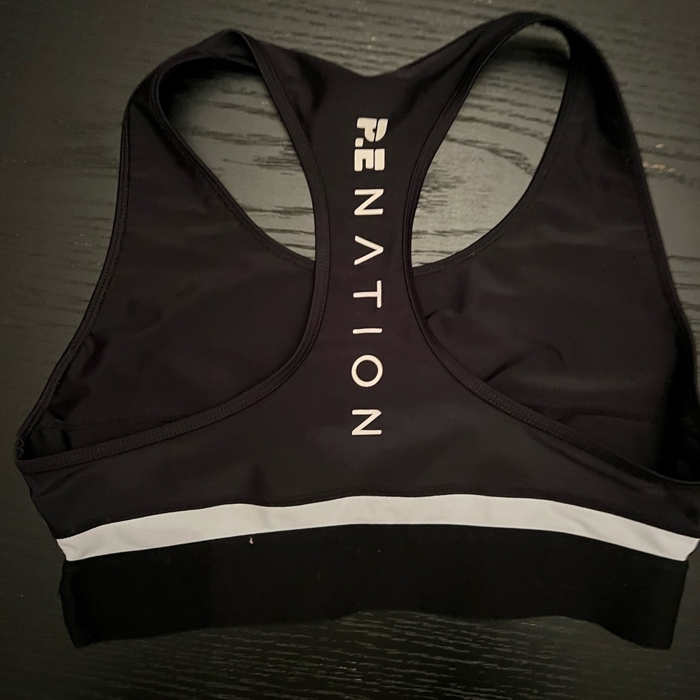 PE Nation Black Sports Bra Grey & White Stripe